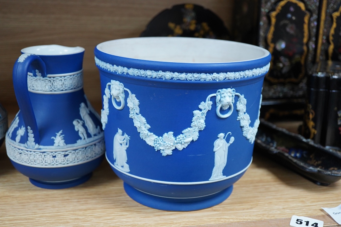 Three 19th century Wedgwood graduated jasper ware jugs and a jardiniere- 16.5cm